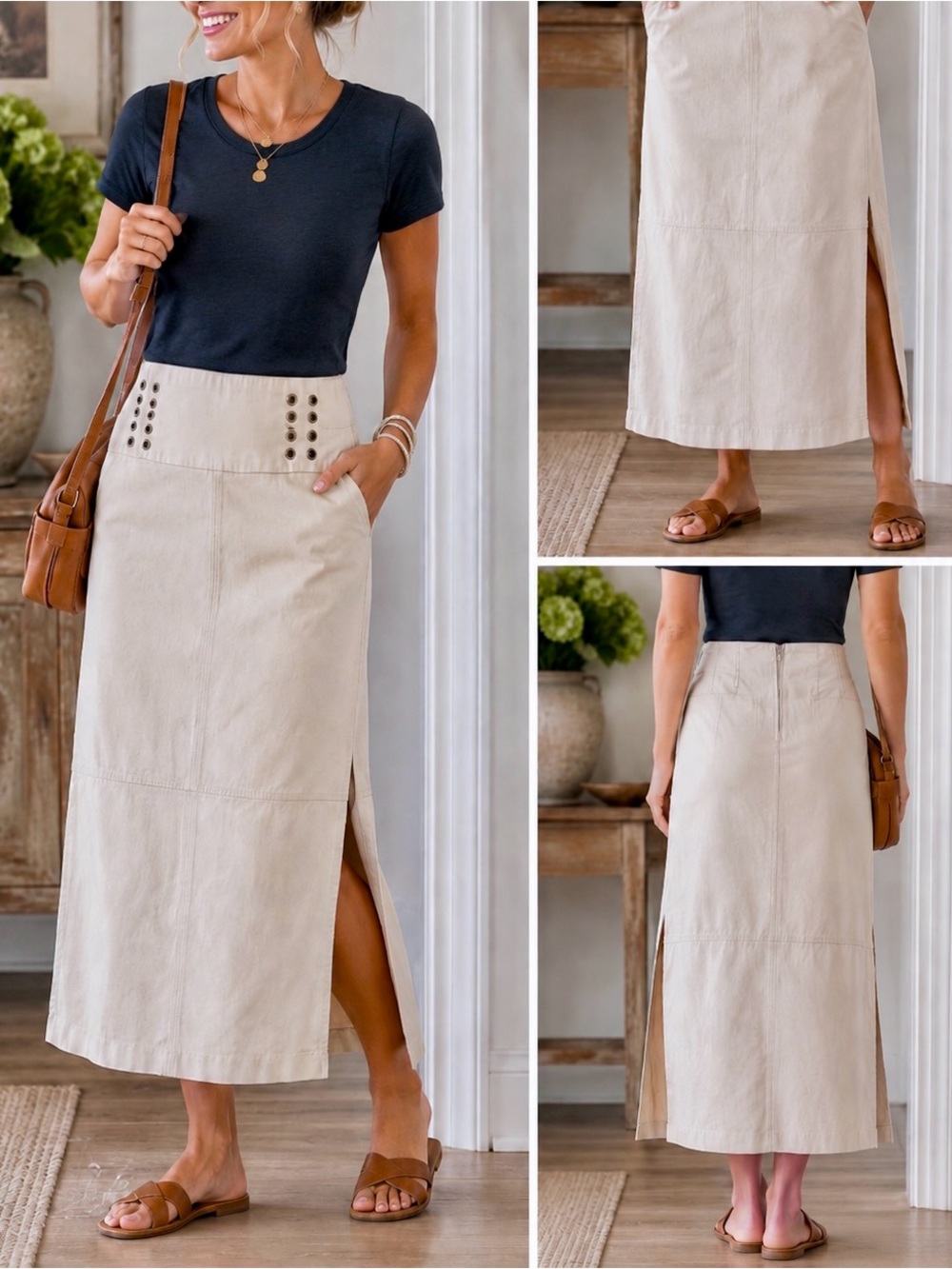Casual High-Waist Beige Denim Maxi Skirt with Side Slits
